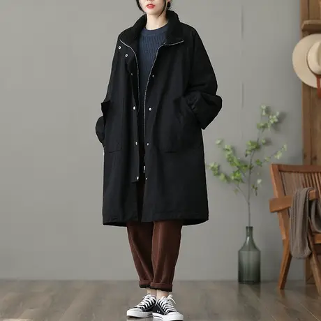 dza 复古宽松加绒中长款棉服女冬季2023新款保暖棉衣外套加厚棉袄图片
