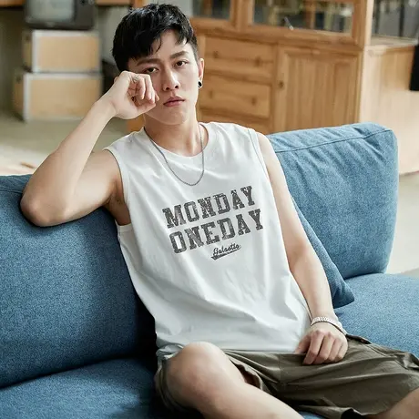 唐狮夏季新款男背心字母印花宽松无袖T恤坎肩圆领上衣潮内搭t官方图片