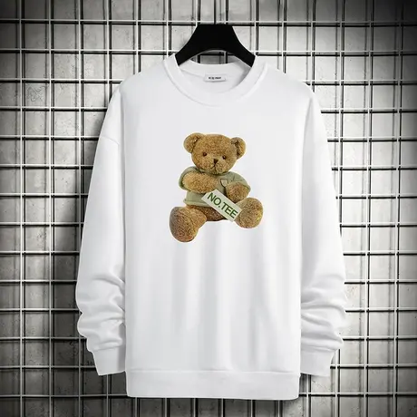 男生卫衣小熊印花潮流春秋款加绒套头圆领上衣服宽松白色长袖t恤图片