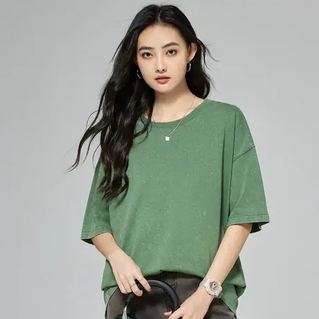 NWJ女式短袖夏季水洗复古宽松短T圆领运动薄上衣清爽透气半袖t恤商品大图