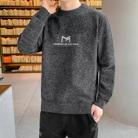 雪尼尔圆领毛衣男潮流新款软糯系线衣男士秋冬装宽松基本款针织衫商品大图