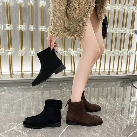 法式方头粗跟短靴女2025秋季新款加绒百搭瘦瘦靴小个子气质马丁靴商品大图