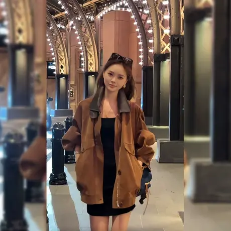 复古美拉德咖色高级时尚小香风麂皮绒外套女2025秋季新款早秋上衣商品大图