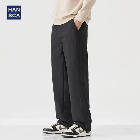 hansca260g黑色直筒休闲裤男秋季宽松垂感微褶皱肌理感百搭长裤子商品大图