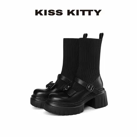 KISSKITTY玛丽珍短靴女2025秋冬新款通勤女靴增高8cm牛皮弹力靴商品大图