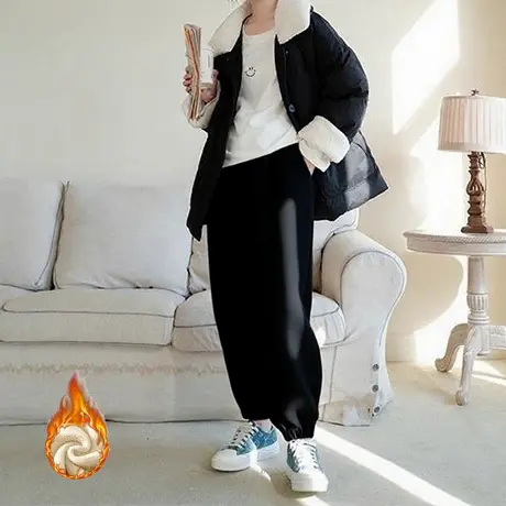 胖妹妹冬季加绒束脚裤加大码女宽松显瘦休闲运动裤加厚保暖慢跑裤商品大图