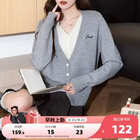 唐狮2025秋冬毛衣外套女气质显瘦V领灰色假两件针织开衫高级感商品大图