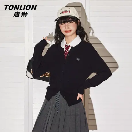 唐狮官方学院风针织衫外套女2026新款春蝴蝶结刺绣内搭毛衣开衫VC图片