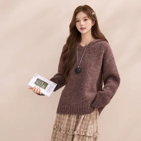 唐狮毛衣秋冬连帽套头针织外套杂色女毛衣宽松慵懒风百搭JYLTD图片