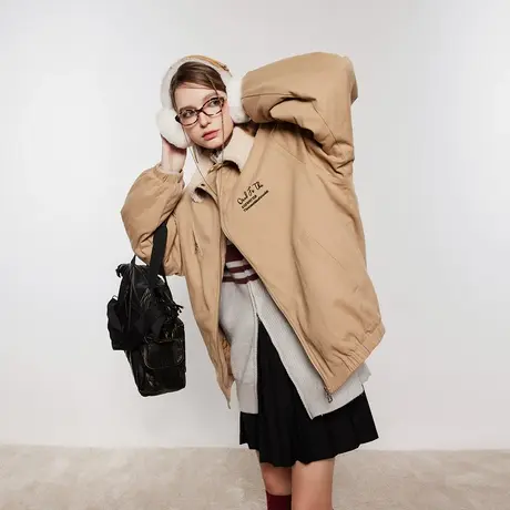 美式复古拼接棉服女冬季夹棉外套2023新款宽松潮牌设计感轻薄棉衣商品大图