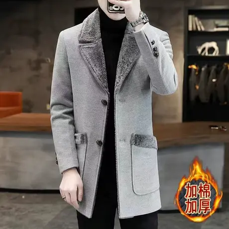 品牌男装冬季男士羊绒大衣西装领翻领加绒加厚中长款羊毛呢子外套商品大图