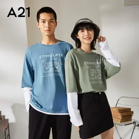 A21outlets男装宽松圆领长袖T恤潮牌男士假两件上衣纯棉情侣通勤图片