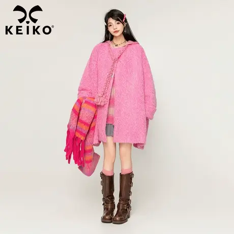 KEIKO 马海毛长绒毛呢外套女2023秋冬芭比粉色斗篷型显瘦呢子大衣商品大图