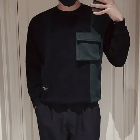 重磅卫衣男春秋季撞色口袋高级感长袖T恤新款ins潮牌痞帅内搭上衣商品大图