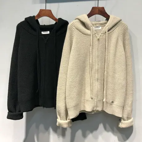 2023秋冬 韩国ulzzang新款纯色前拉链宽松慵懒风连帽毛衣开衫女图片