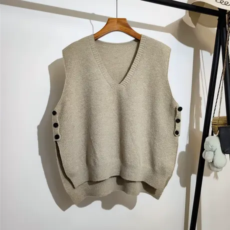 慵懒风针织马甲女秋冬新款韩版宽松v领叠穿侧边纽扣毛衣背心外穿商品大图