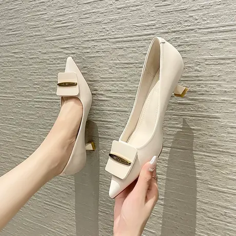 尖头性感高跟鞋女2023年新款细跟女士气质方扣软皮单鞋中跟不累脚图片