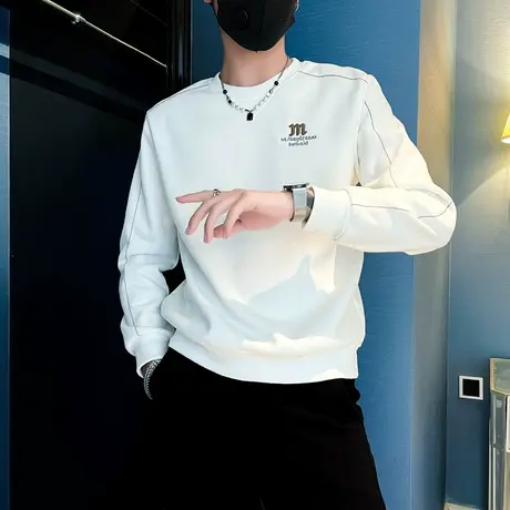 潮牌卫衣男秋冬加厚ins刺绣印花小众简约高级感加绒打底上衣体恤图片