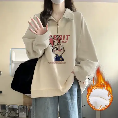 学院风Polo领半拉链卫衣女潮牌ins大码秋冬加绒闺蜜复古上衣外套图片