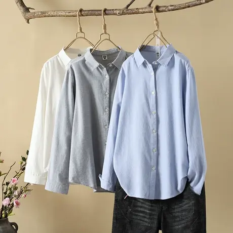 春秋季简约文艺百搭纯棉柔软打底尖领磨毛白衬衫女长袖上衣女宽松商品大图