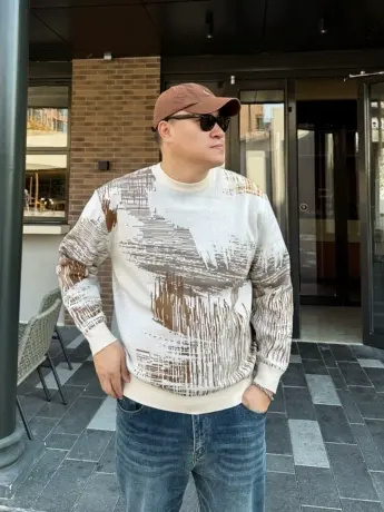 DAEVU冬新款宽松拼色潮胖子加肥加大码男士长袖套头圆领针织毛衣商品大图