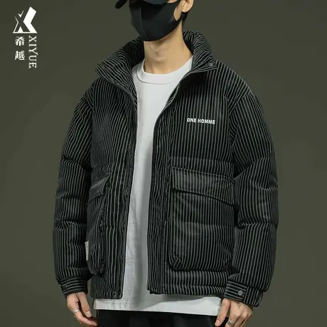希越条纹立领面包棉服男冬季新款宽松大码男士外套加厚美式夹克潮商品大图