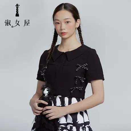 淑女屋夏装新款翻领蝴蝶结公主短袖开衫别致外套短款上衣女短外套图片