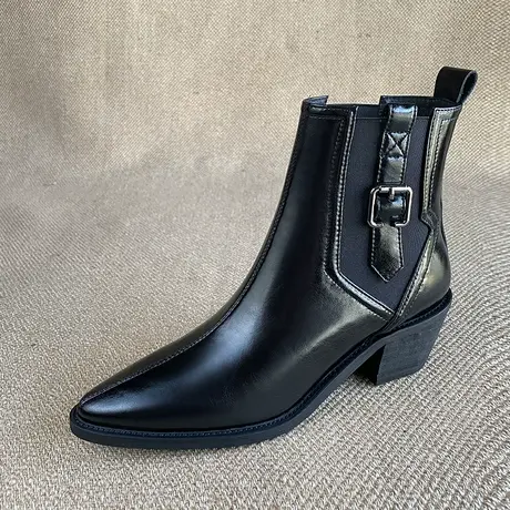 秋季新款短靴舒适稳健粗跟5.5CM软面透气牛皮尖头切尔西女靴商品大图