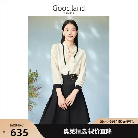 音儿美地女装2023春季新款假两件撞色蕾丝包边飘带领衬衫商品大图