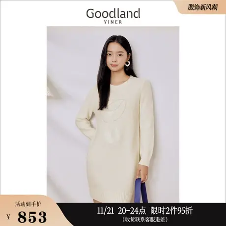 [赫本猫联名]Goodland美地女装2023冬季含羊毛钉珠长款针织衫商品大图