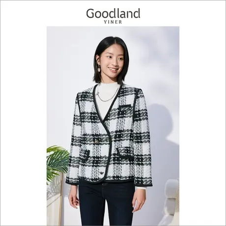 *【小香风】Goodland美地女装冬季轻薄v领短款粗花呢羽绒服商品大图
