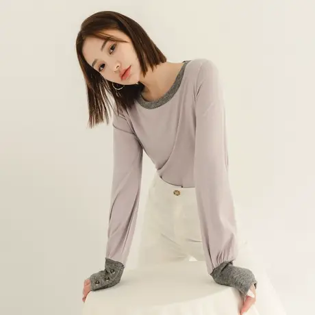 桔熊秋冬季通勤休闲设计感长袖t恤柔软舒适上衣胖妹妹大码AB18135图片