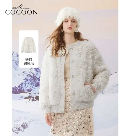 MISSCOCOON老钱风2023冬季新女立体盘花肌理罗纹包边皮草商品大图