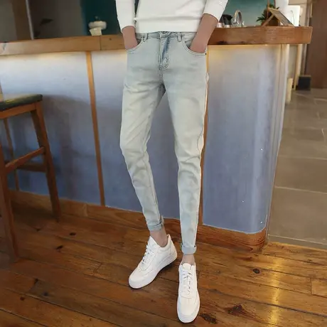 春季浅色牛仔裤潮牌痞帅裤子2024新款男裤小脚百搭修身休闲九分裤商品大图