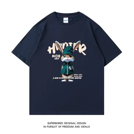 美式复古风兔子印花纯棉短袖T恤男ins潮牌夏季情侣宽松半袖上衣商品大图