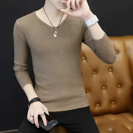 秋季长袖t恤男士韩版圆领针织打底衫2023新款纯色秋衣男装上衣服商品大图