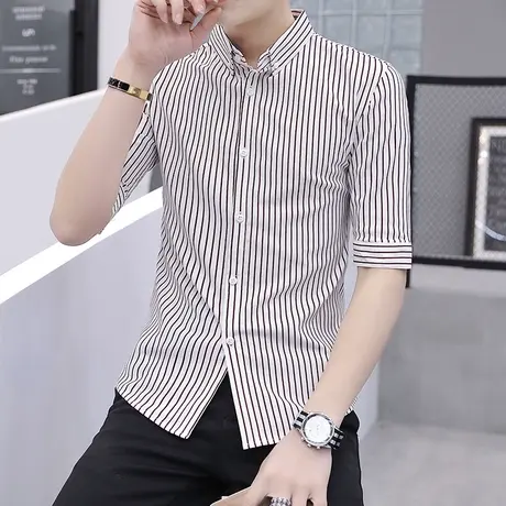 七分袖衬衫男士夏季修身休闲中袖条纹五分短袖衬衣服韩版潮牌男装商品大图