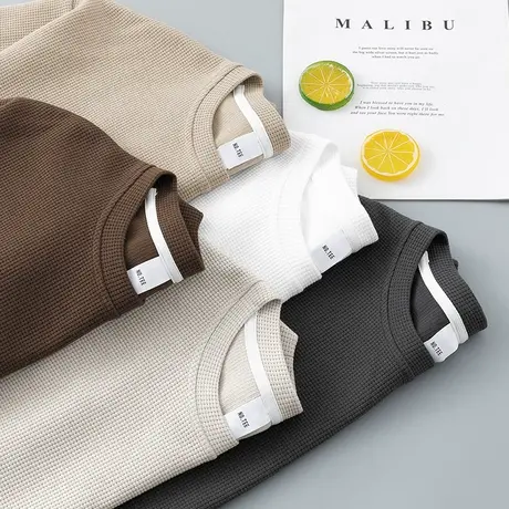 华夫格圆领卫衣男潮流宽松套头无帽上衣纯色秋季长袖t恤休闲百搭商品大图