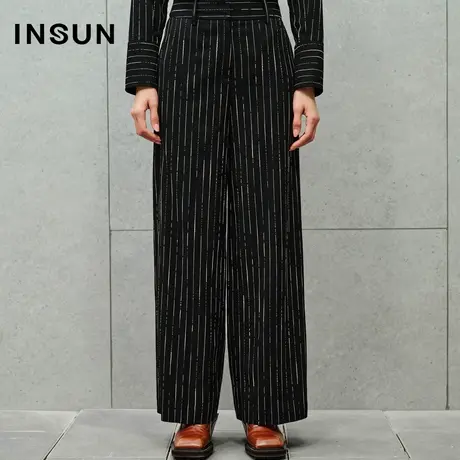 INSUN恩裳线上专选秋季冰丝条纹阔腿抗皱休闲裤商品大图