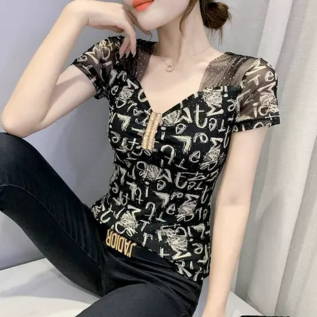 性感V领短袖T恤女欧货洋气烫钻紧身上衣夏季时尚网纱拼接小衫半袖商品大图