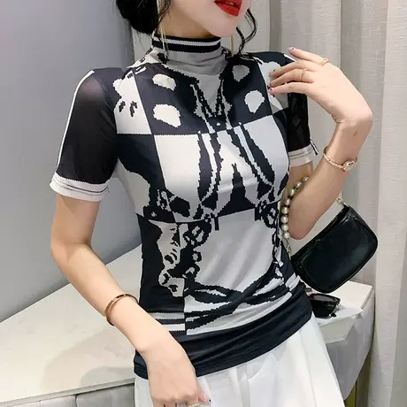 撞色印花T恤女短袖2024新款网纱打底衫洋气百搭半高领上衣ins体恤商品大图