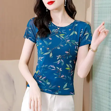复古印花短袖T恤女2024夏季新款时尚网纱圆领上衣修身漂亮小衫ins图片