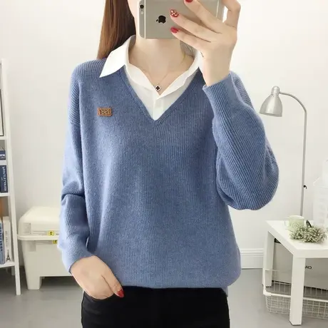 假两件毛衣女士春装2023年新款宽松外穿针织打底衫短款长袖上衣女商品大图