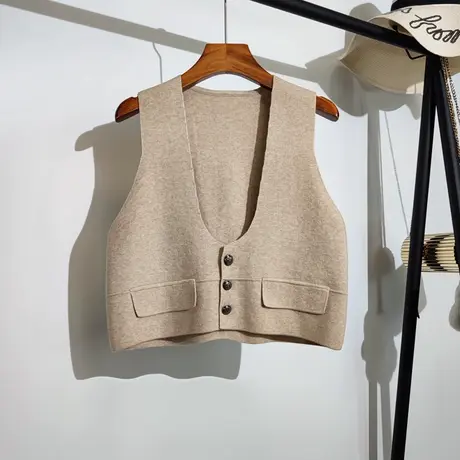 针织马甲背心开衫女春秋新款大U领叠穿短款无袖坎肩西装马夹外搭商品大图