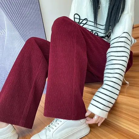 酒红色雪尼尔阔腿裤女2023年秋冬新款高腰宽松加厚灯芯绒直筒裤子图片