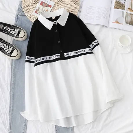 POLO领宽松衬衫女针织拼接休闲衬衣上韩版春秋装2021年新款欧洲站图片