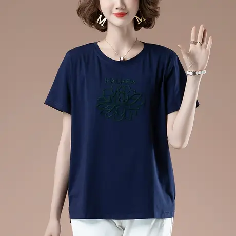 中年妈妈短袖t恤夏季加肥加大码女装宽松纯棉遮肚子圆领刺绣体恤商品大图