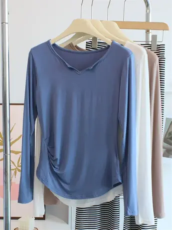 设计感~柔软修身莫代尔t恤女百搭长袖打底衫练功服瑜伽舞蹈服上衣商品大图