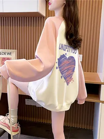 大码女装撞色插肩袖卫衣女秋冬加绒加厚2023新款爆款宽松潮牌外套商品大图