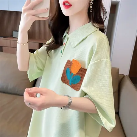 小众设计感短袖t恤女夏季韩版宽松中长款小个子翻领polo衫上衣服图片